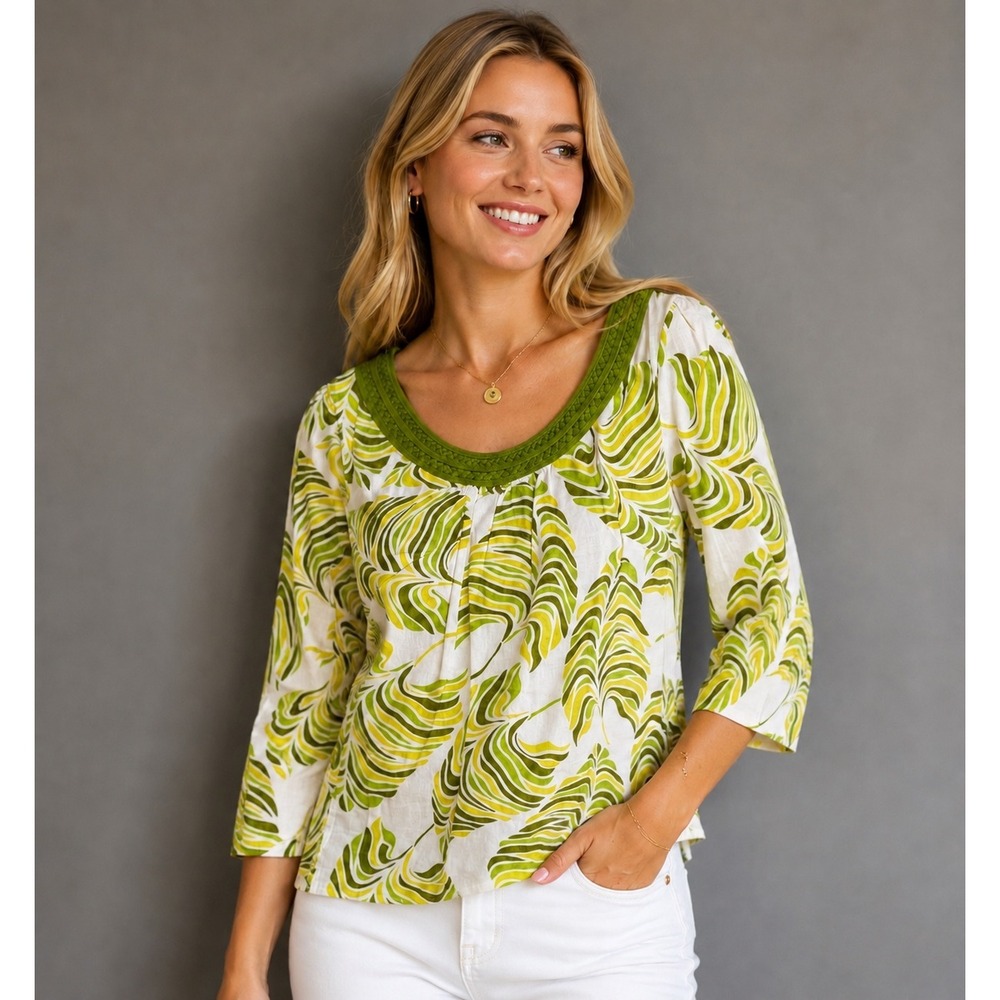 Susan Bristol 100% Linen Leaf Print Tunic Blouse Green Tan M Coastal Grandmother